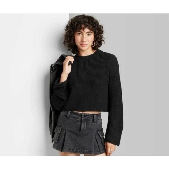 wild fable Sweaters - Wild Fable Women's Cropped Long Bell Sleeve Rib-Knit Sweater Black Size XL